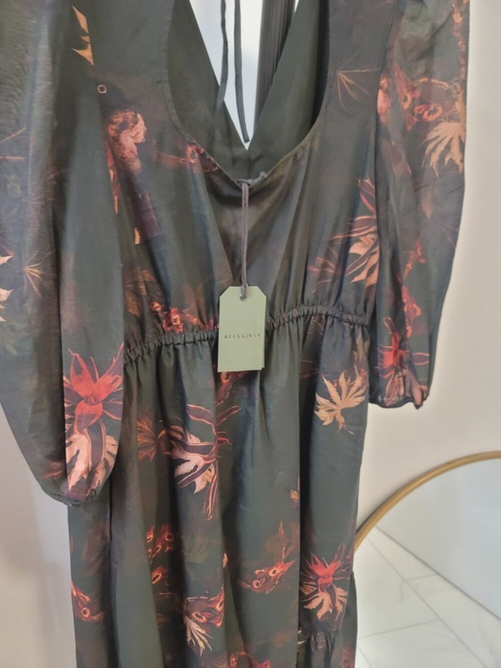 All Saints Rosi Nila Dark Khaki Green Tiered V-neck Midi Dress Size 4 US New - Picture 9 of 9